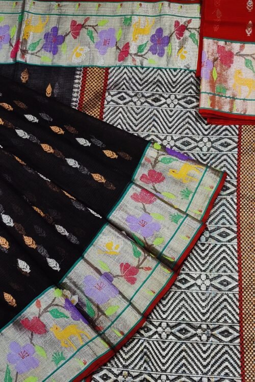 ZARIKOTA BLACK SAREE WITH PAITHANI BORDERS.