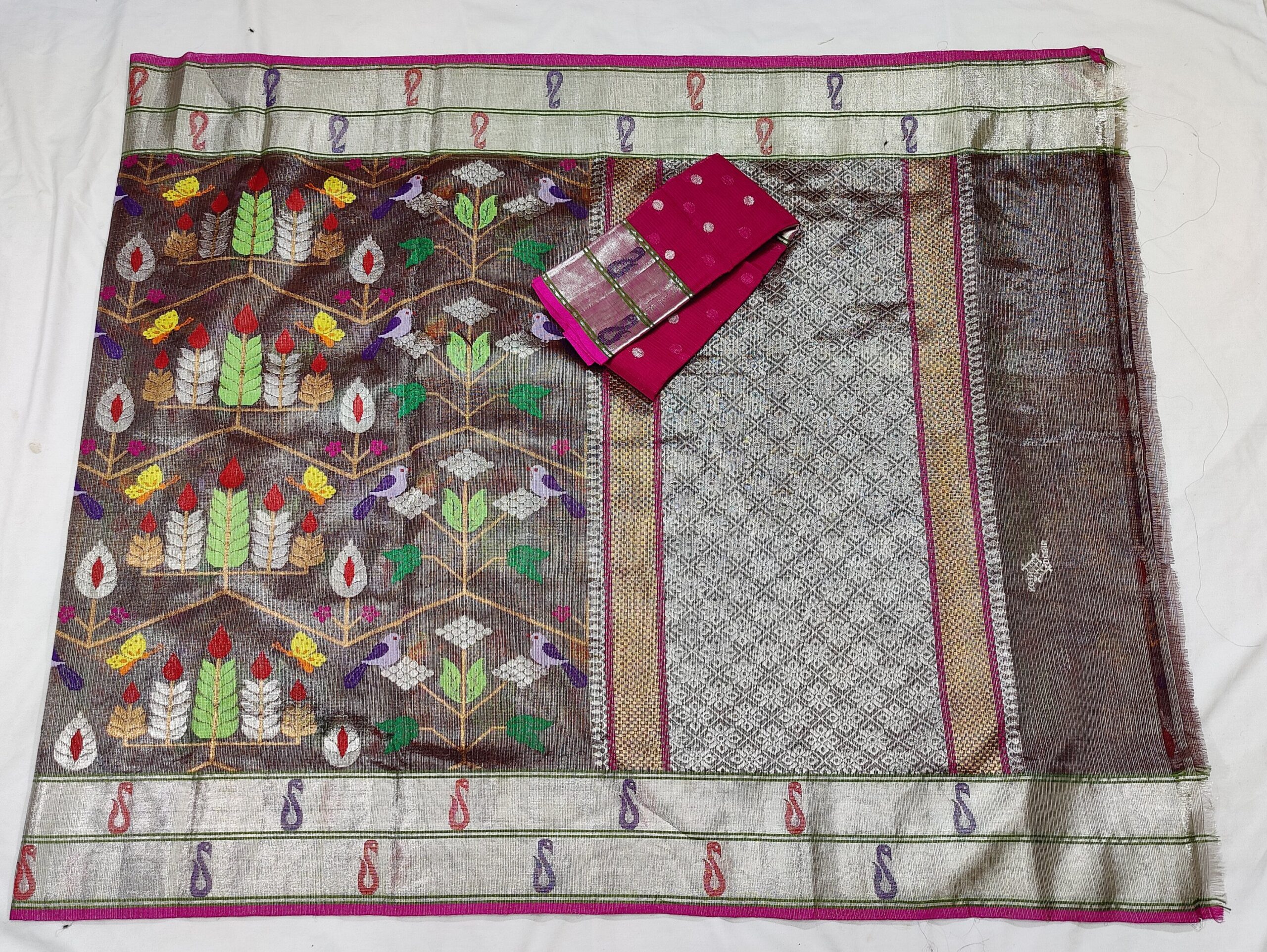 PURE SILVER TISEUE ALL OVER JAAL ZARIKOTA HANDLOOM SAREE WITH BLOUSE_T-65 - Image 4