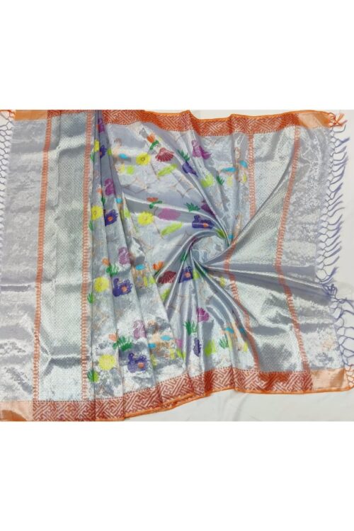 PURE SILVER DOUBLE TISSUE ALL OVER JAAL WITH BOTH SIDE KANCHI BORDER ZARIKOTA HANDLOOM DUPATTA D-50