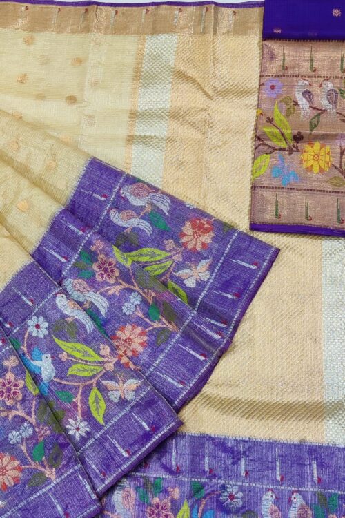 PURE SILVER TISEUE BIG PAITHANI BORDER ZARIKOTA HANDLOOM SAREE WITH BLOUSE_T-30