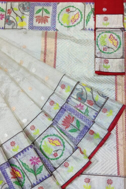 PURE SILVER TISEUE BIG PAITHANI BORDER ZARIKOTA HANDLOOM SAREE WITH BLOUSE_T-68