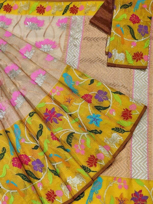 PURE GOLD TISEUE BIG PAITHANI BORDER WITH ALL OVER JAAL ZARIKOTA HANDLOOM SAREE WITH BLOUSE_T-63