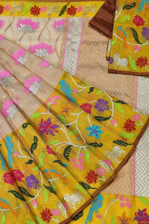 PURE GOLD TISEUE BIG PAITHANI BORDER WITH ALL OVER JAAL ZARIKOTA HANDLOOM SAREE WITH BLOUSE_T-63