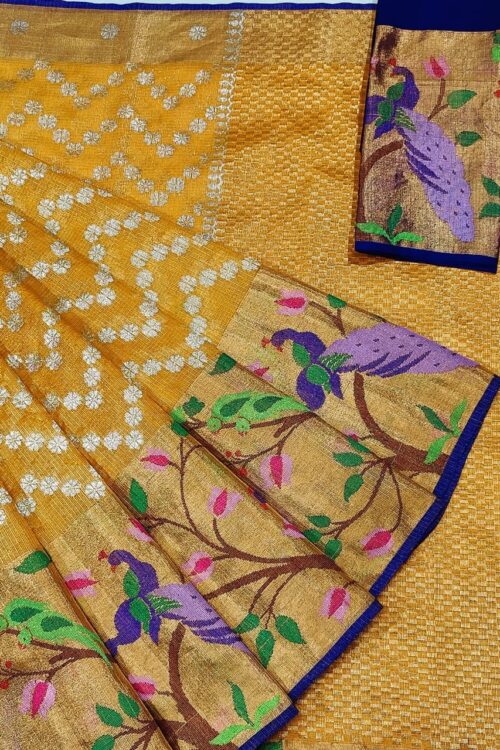 PURE GOLD TISEUE PAITHANI BORDER WITH ALL OVER JAAL ZARIKOTA HANDLOOM SAREE WITH BLOUSE_T-59