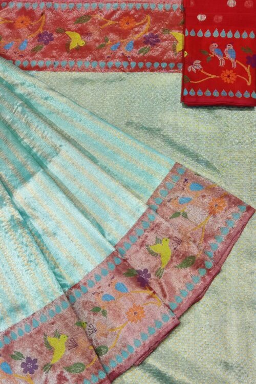 PURE SILVER TISSUE DOUBLE BOTH SIDE PAITHANI BORDER WITH ALL OVER JAAL ZARIKOTA HANDLOOM SAREE_T-99