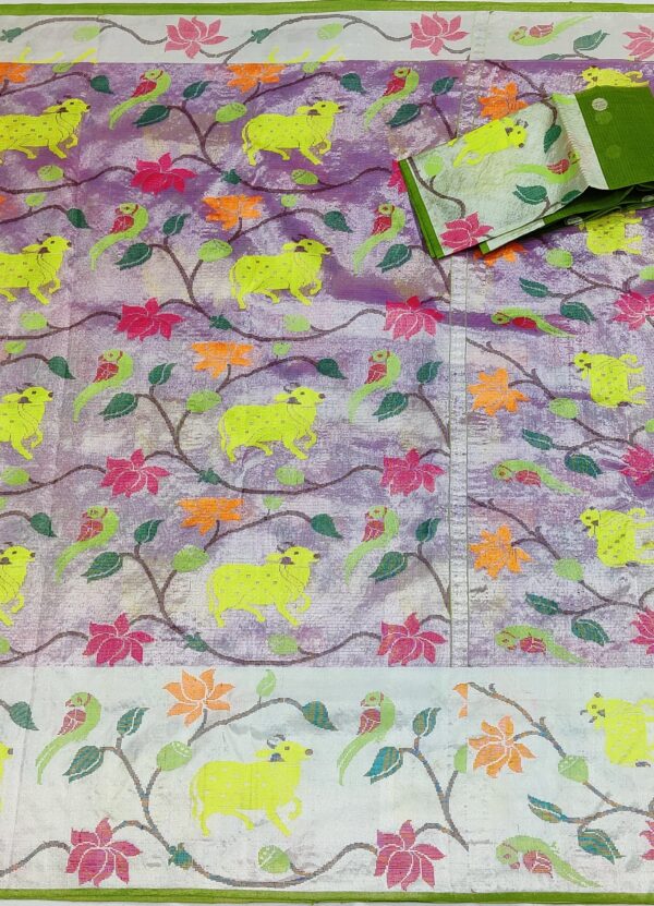 PURE SILVER DOUBLE TISSUE BIG PAITHANI BORDER WITH ALL OVER JAAL ZARIKOTA HANDLOOM SAREE_T-131 - Image 3