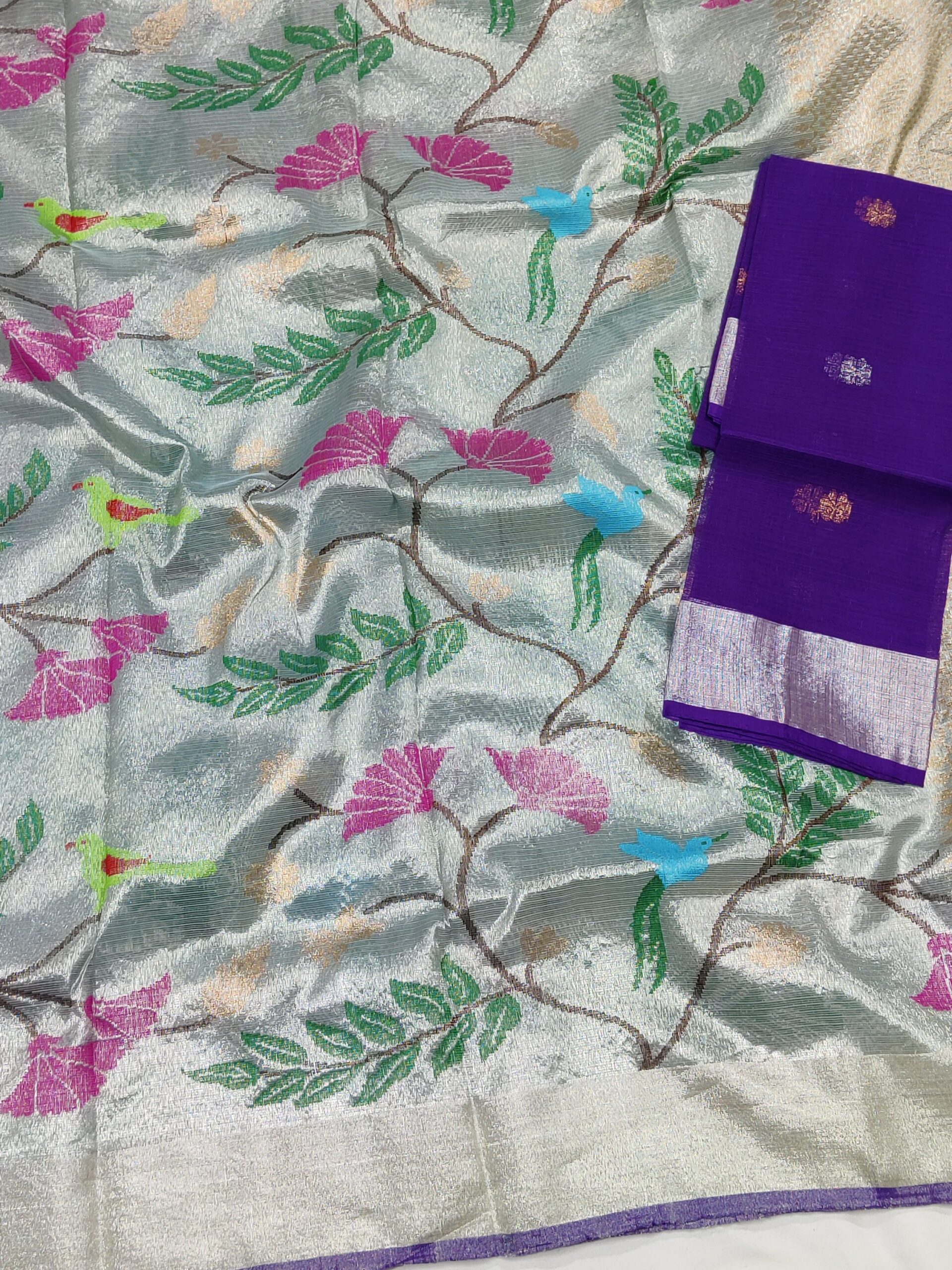 PURE SILVER DOUBLE TISSUE ALL OVER JAAL ZARIKOTA HANDLOOM SAREE_T-135 - Image 2