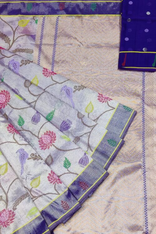 PURE SILVER DOUBLE TISSUE ALL OVER JAAL ZARIKOTA HANDLOOM SAREE_T-142