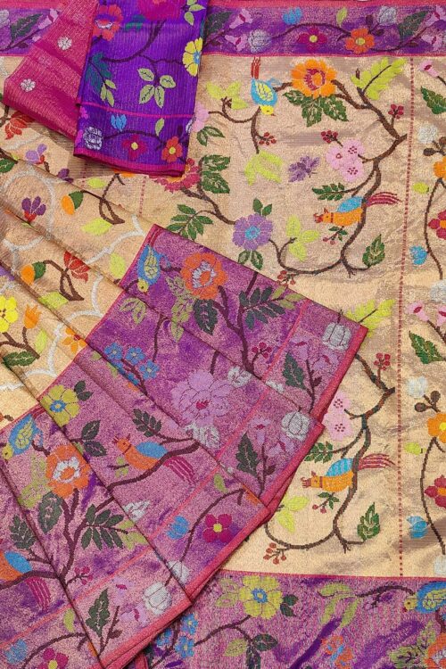 PURE GOLD DOUBLE TISSUE BIG PAITHANI BORDER WITH ALL OVER JAAL ZARIKOTA HANDLOOM SAREE_T-175
