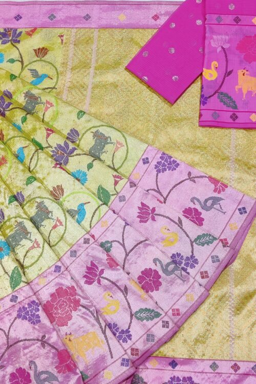 PURE SILVER DOUBLE TISSUE BIG PAITHANI BORDER WITH ALL OVER JAAL ZARIKOTA HANDLOOM SAREE_T-185