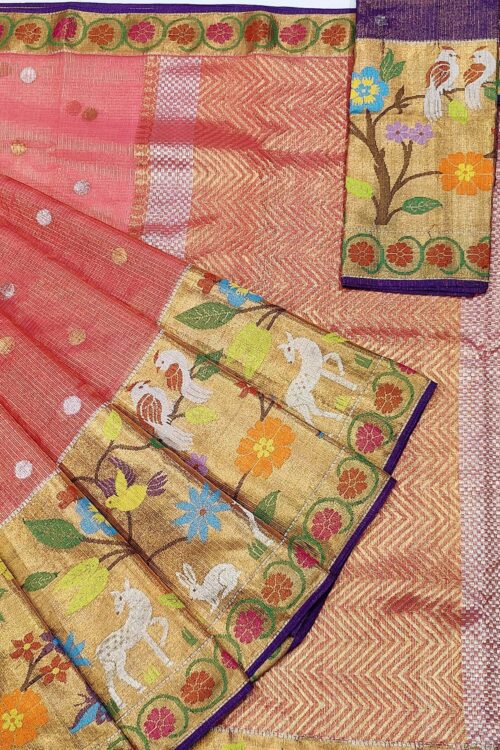 PURE GOLD TISEUE BIG PAITHANI BORDER  ZARIKOTA HANDLOOM SAREE WITH BLOUSE_T-169