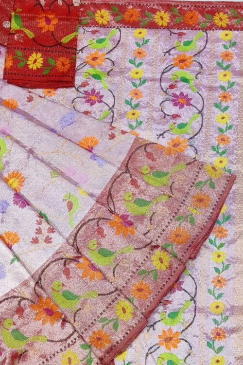 PURE SILVER DOUBLE TISSUE ALL OVER JAAL ZARIKOTA HANDLOOM SAREE_T-179