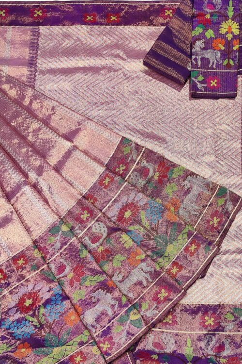 PURE SILVER DOUBLE TISSUE BIG PAITHANI BORDER WITH ALL OVER JAAL ZARIKOTA HANDLOOM SAREE_T-182