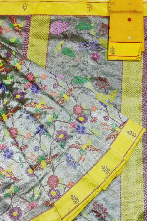 PURE SILVER DOUBLE TISSUE ALL OVER JAAL ZARIKOTA HANDLOOM SAREE_T-183