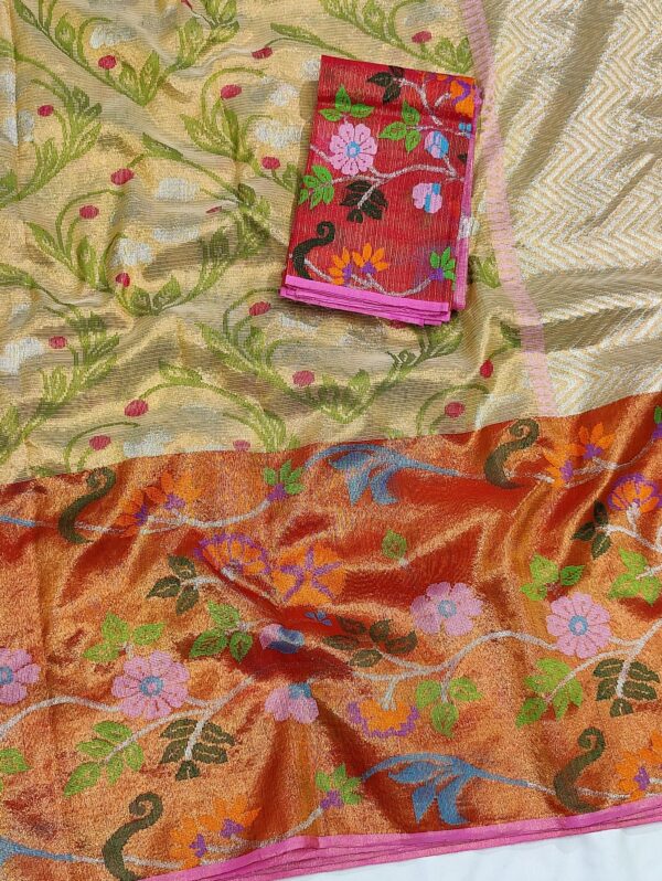 PURE GOLD DOUBLE TISSUE BIG PAITHANI BORDER WITH ALL OVER JAAL ZARIKOTA HANDLOOM SAREE_T-214 - Image 2