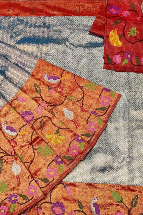 PURE SILVER DOUBLE TISSUE BIG PAITHANI BORDER WITH ALL OVER JAAL ZARIKOTA HANDLOOM SAREE_T-233