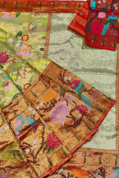 PURE GOLD DOUBLE TISSUE BIG PAITHANI BORDER WITH ALL OVER JAAL ZARIKOTA HANDLOOM SAREE_T-237