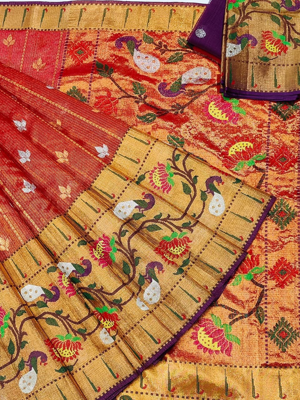 PURE GOLD TISEUE BIG PAITHANI BORDER ZARIKOTA HANDLOOM SAREE WITH BLOUSE_T-198