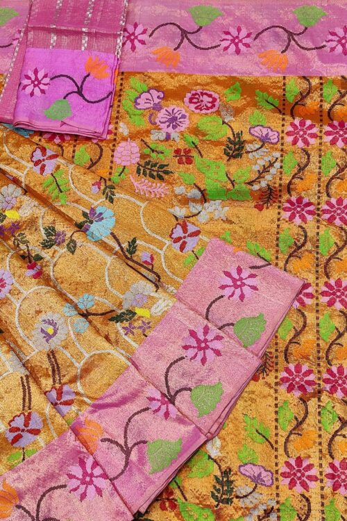 PURE GOLD DOUBLE TISSUE  BOTH SIDE PAITHANI BORDER WITH ALL OVER JAAL ZARIKOTA HANDLOOM SAREE_T-273