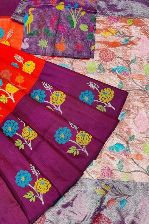 PURE ZARIKOTA HANDLOOM BUTA SAREE WITH SILVER BIG PAITHANI BORDER BLOUSE B1162
