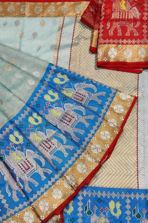 PURE SILVER TISEUE BIG PAITHANI BORDER ZARIKOTA HANDLOOM SAREE WITH BLOUSE_T-208