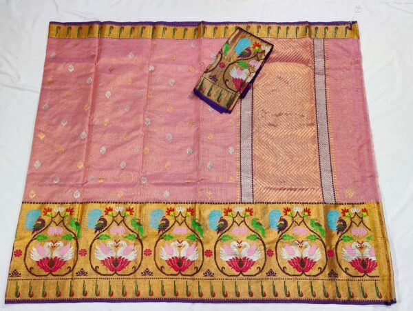 PURE SILVER TISEUE BIG PAITHANI BORDER ZARIKOTA HANDLOOM SAREE WITH BLOUSE_T-210 - Image 4