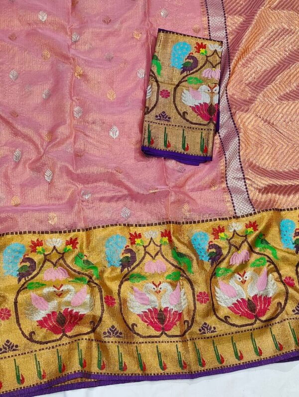PURE SILVER TISEUE BIG PAITHANI BORDER ZARIKOTA HANDLOOM SAREE WITH BLOUSE_T-210 - Image 2