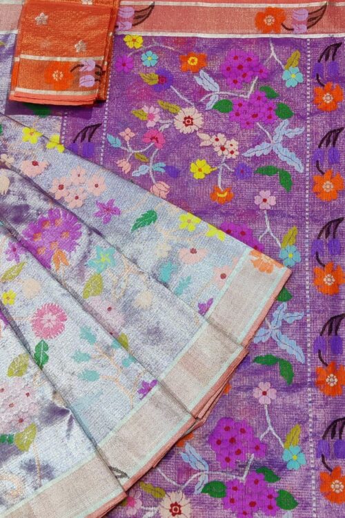 PURE SILVER DOUBLE TISSUE ALL OVER JAAL ZARIKOTA HANDLOOM SAREE_T-281