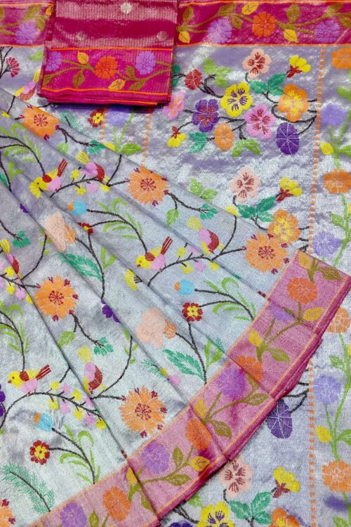 PURE SILVER DOUBLE TISSUE ALL OVER JAAL ZARIKOTA HANDLOOM SAREE_T-299