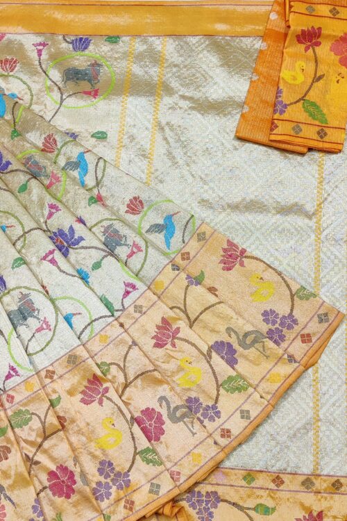 PURE SILVER DOUBLE TISSUE BIG PAITHANI BORDER WITH ALL OVER JAAL ZARIKOTA HANDLOOM SAREE_T-323