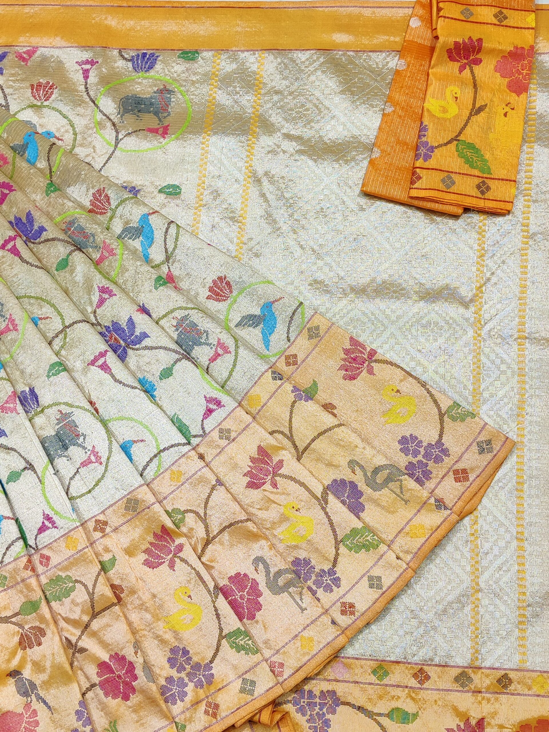 PURE SILVER DOUBLE TISSUE BIG PAITHANI BORDER WITH ALL OVER JAAL ZARIKOTA HANDLOOM SAREE_T-323