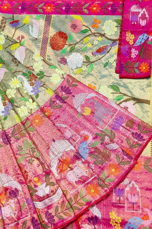 PURE GOLD DOUBLE TISSUE BIG PAITHANI BORDER WITH ALL OVER JAAL ZARIKOTA HANDLOOM SAREE_T-324