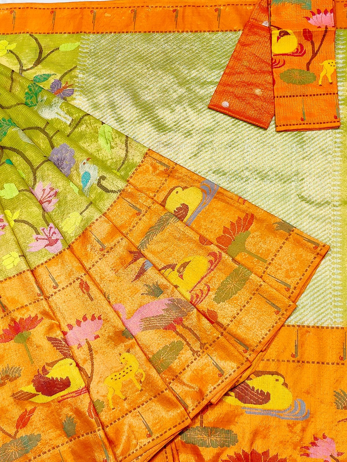 PURE GOLD DOUBLE TISSUE BIG PAITHANI BORDER WITH ALL OVER JAAL ZARIKOTA HANDLOOM SAREE_T-321