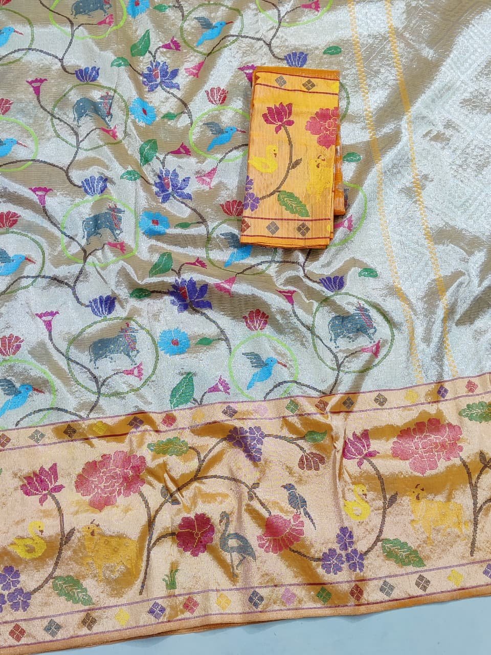 PURE SILVER DOUBLE TISSUE BIG PAITHANI BORDER WITH ALL OVER JAAL ZARIKOTA HANDLOOM SAREE_T-323 - Image 2