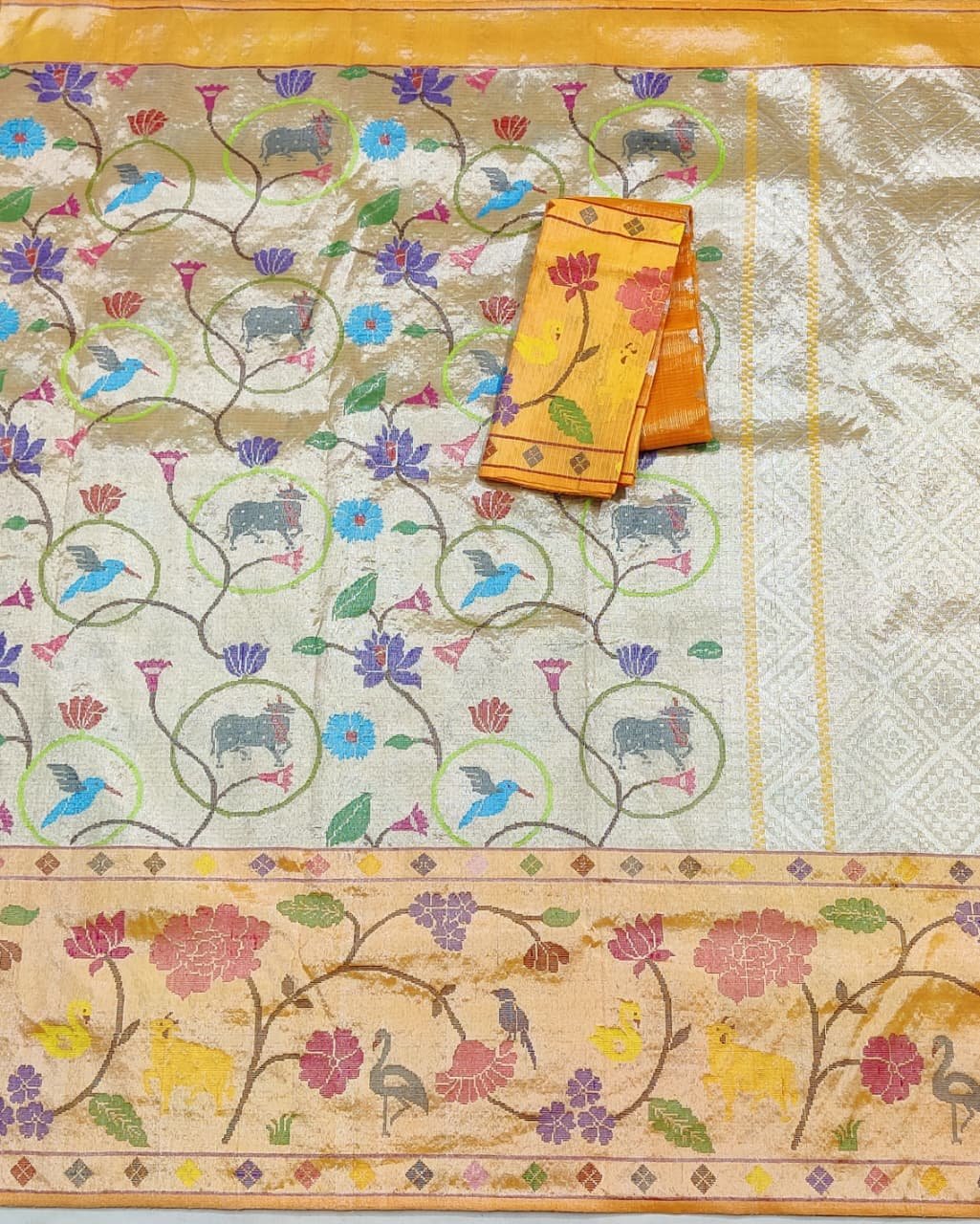 PURE SILVER DOUBLE TISSUE BIG PAITHANI BORDER WITH ALL OVER JAAL ZARIKOTA HANDLOOM SAREE_T-323 - Image 3