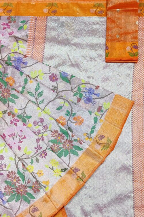 PURE SILVER DUBBLE TISSUE ALL OVER JAAL ZARIKOTA HANDLOOM SAREE_T-325