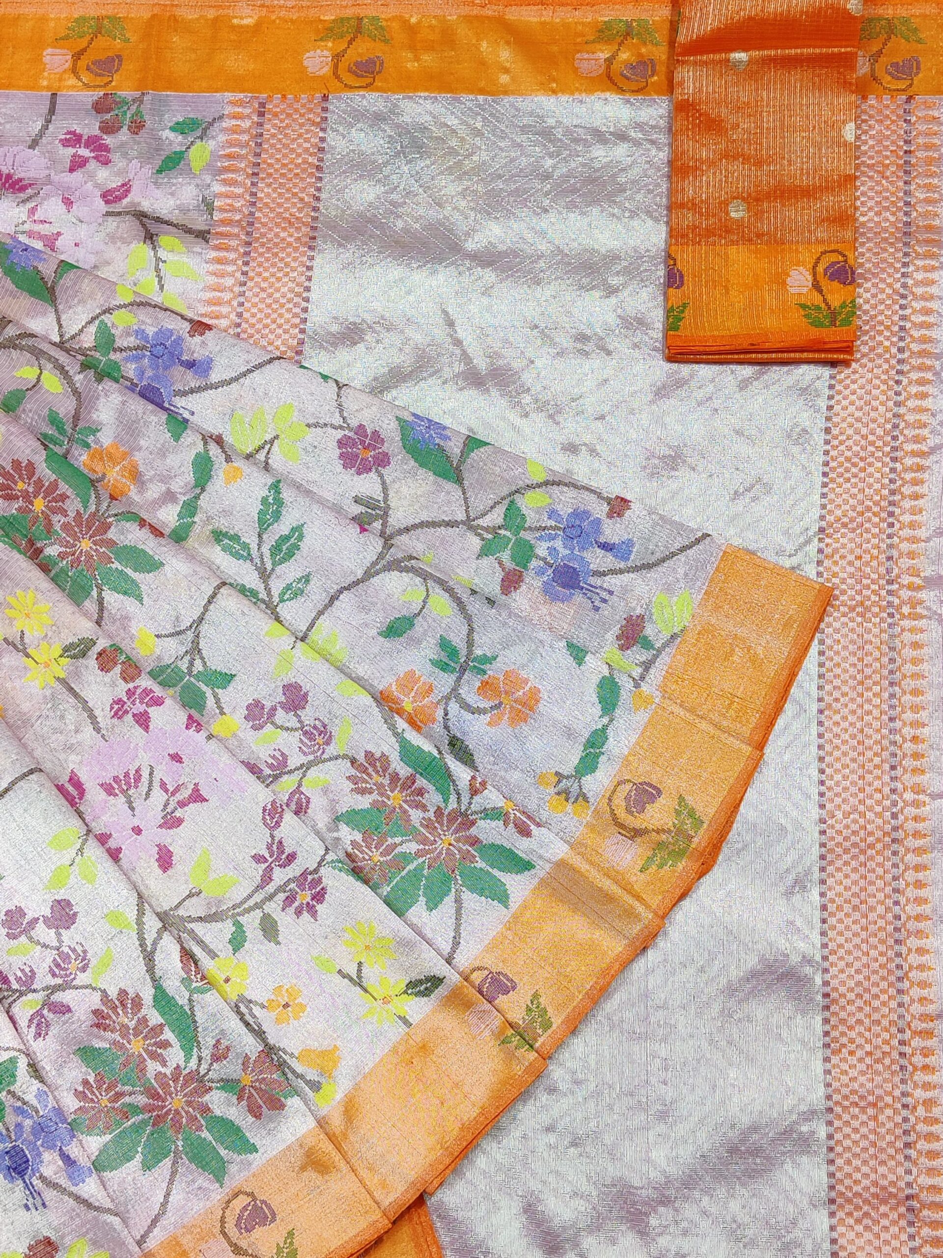 PURE SILVER DUBBLE TISSUE ALL OVER JAAL ZARIKOTA HANDLOOM SAREE_T-325