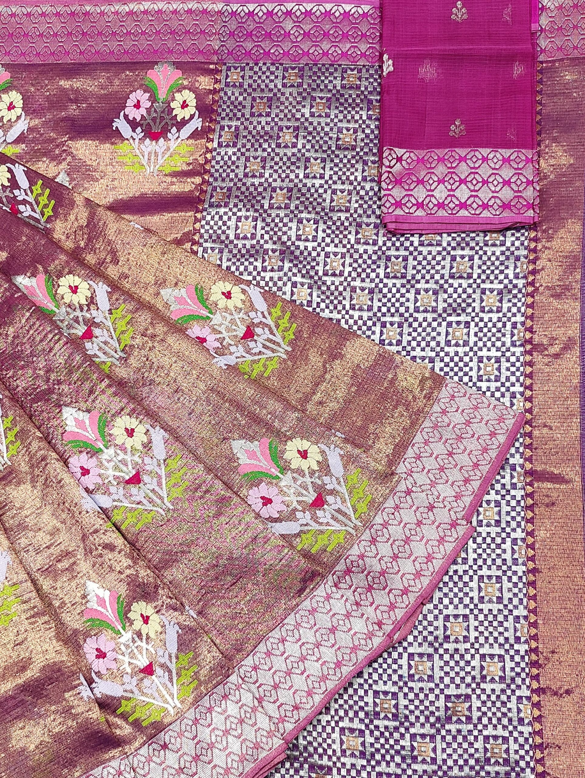 PURE GOLD DUBBLE TISSUE ALL OVER JAAL WITH BOTH SIDE KANCHI BORDER ZARIKOTA HANDLOOM SAREE_T-329