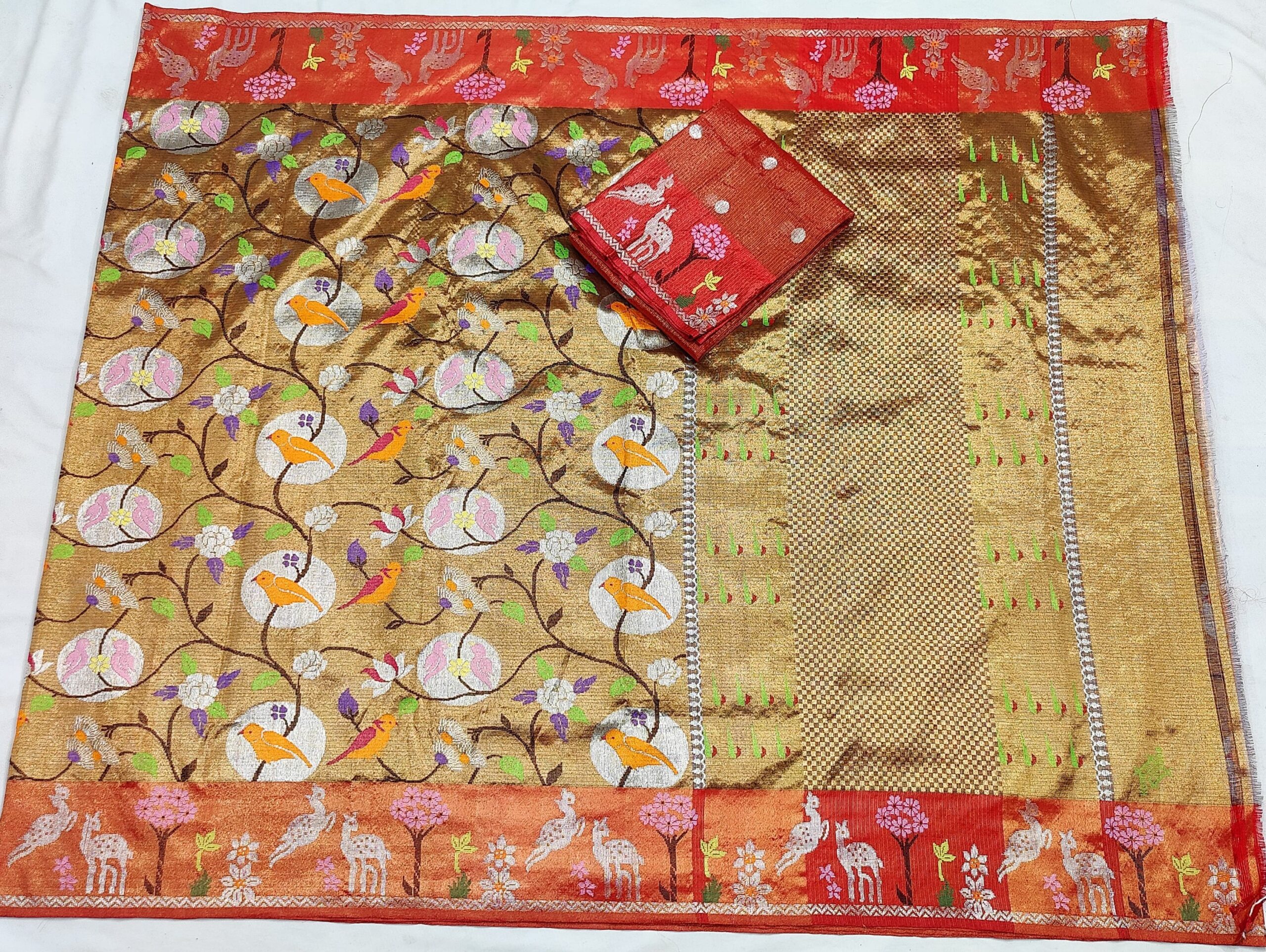 PURE GOLD DUBBLE TISSUE ALL OVER JAAL WITH BOTH SIDE PAITHANI BORDER ZARIKOTA HANDLOOM SAREE_T-330 - Image 4