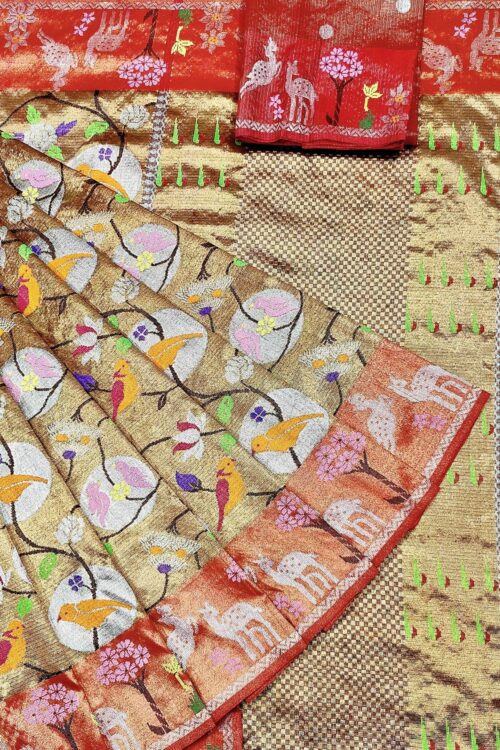 PURE GOLD DUBBLE TISSUE  ALL OVER JAAL WITH BOTH SIDE PAITHANI BORDER ZARIKOTA HANDLOOM SAREE_T-330