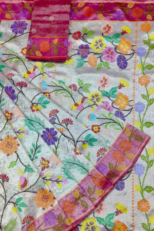 PURE SILVER DUBBLE TISSUE ALL OVER JAAL ZARIKOTA HANDLOOM SAREE_T-334