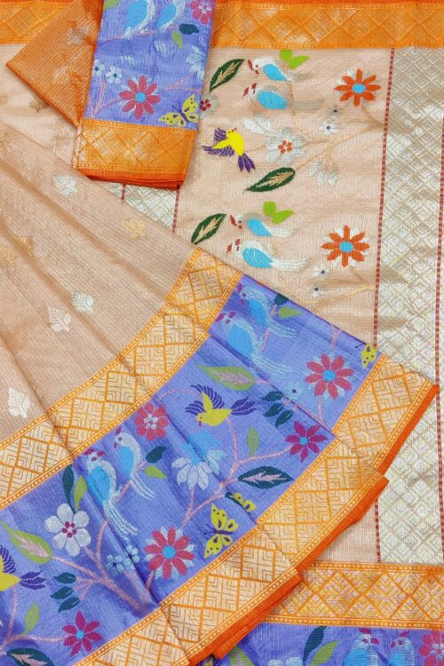 PURE SILVER TISSUE BIG PAITHANI BORDER ZARIKOTA HANDLOOM SAREE WITH BLOUSE_T-227