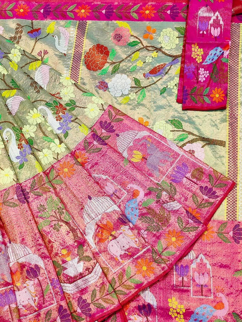 PURE GOLD DUBBLE TISSUE BIG PAITHANI BORDER WITH ALL OVER JAAL ZARIKOTA HANDLOOM SAREE_T-337