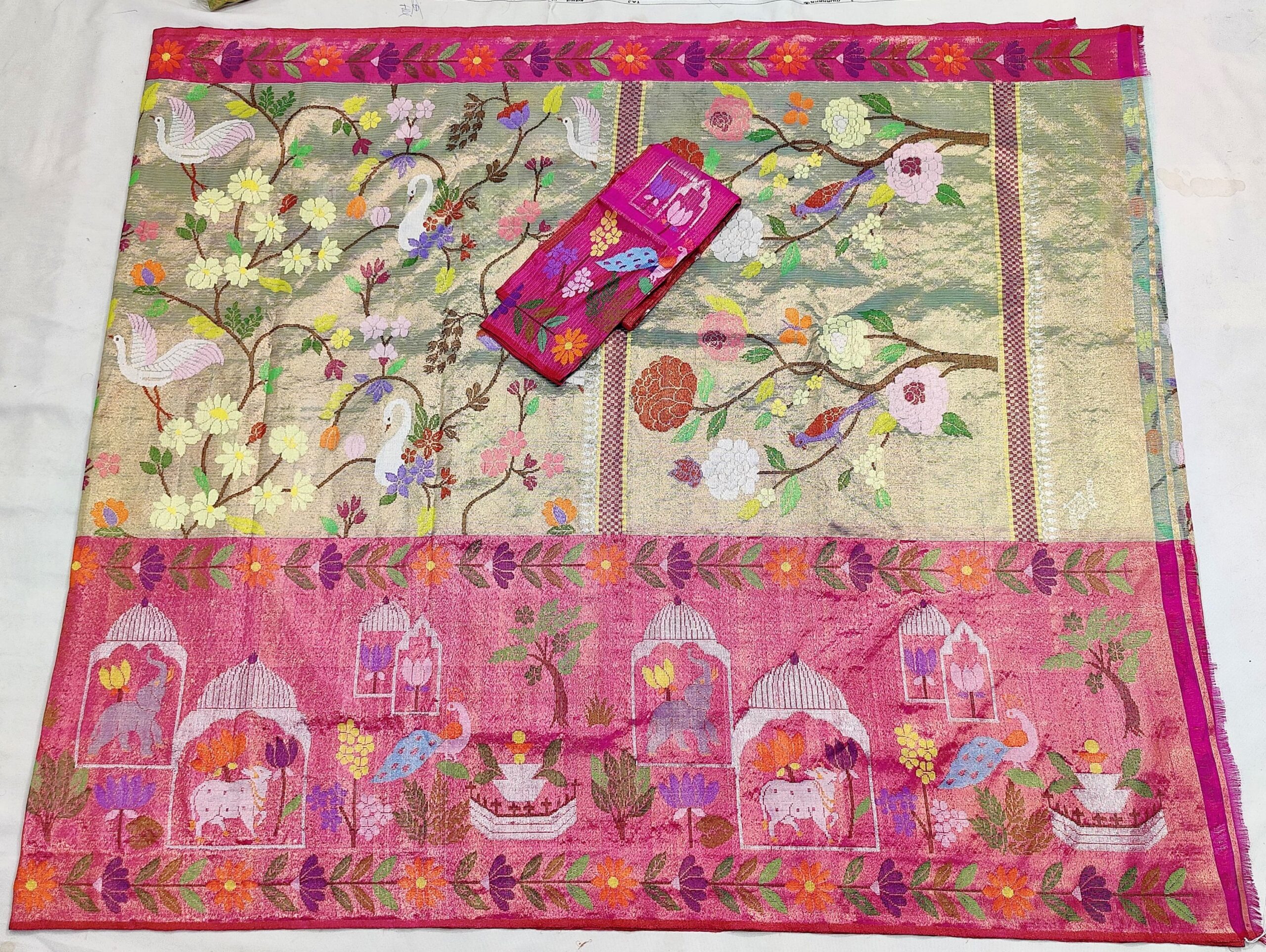 PURE GOLD DUBBLE TISSUE BIG PAITHANI BORDER WITH ALL OVER JAAL ZARIKOTA HANDLOOM SAREE_T-337 - Image 3