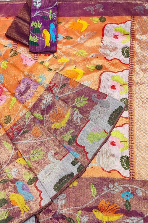 PURE GOLD DUBBLE BIG PAITHANI BORDER WITH TISSUE ALL OVER JAAL ZARIKOTA HANDLOOM SAREE_T-357