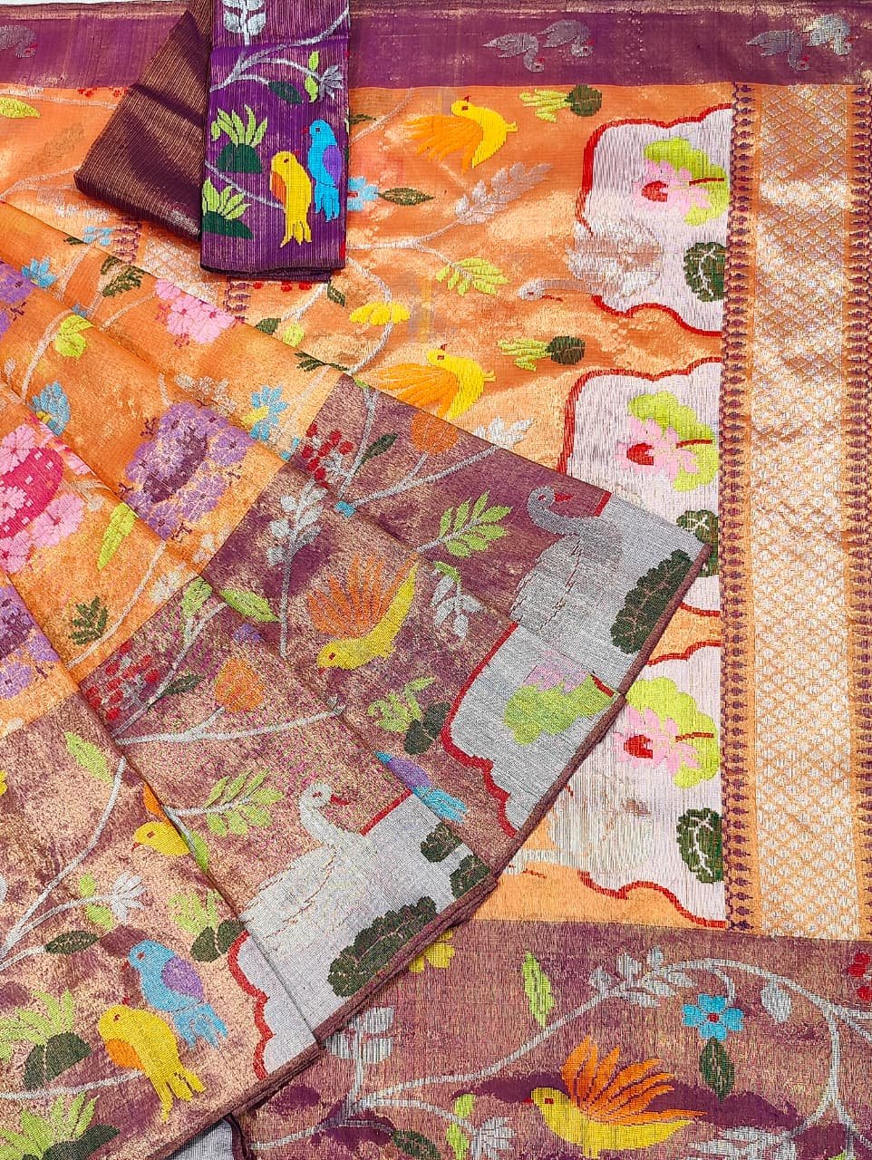 PURE GOLD DUBBLE BIG PAITHANI BORDER WITH TISSUE ALL OVER JAAL ZARIKOTA HANDLOOM SAREE_T-357