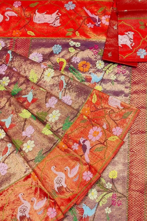 PURE GOLD DUBBLE TISSUE BOTH SIDE PAITHANI BORDER WITH ALL OVER JAAL ZARIKOTA HANDLOOM SAREE_T-364