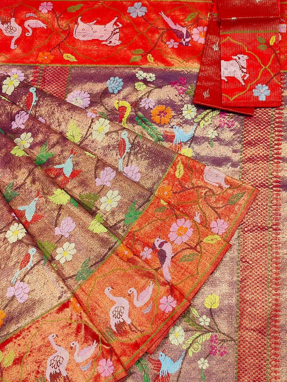 PURE GOLD DUBBLE TISSUE BOTH SIDE PAITHANI BORDER WITH ALL OVER JAAL ZARIKOTA HANDLOOM SAREE_T-364