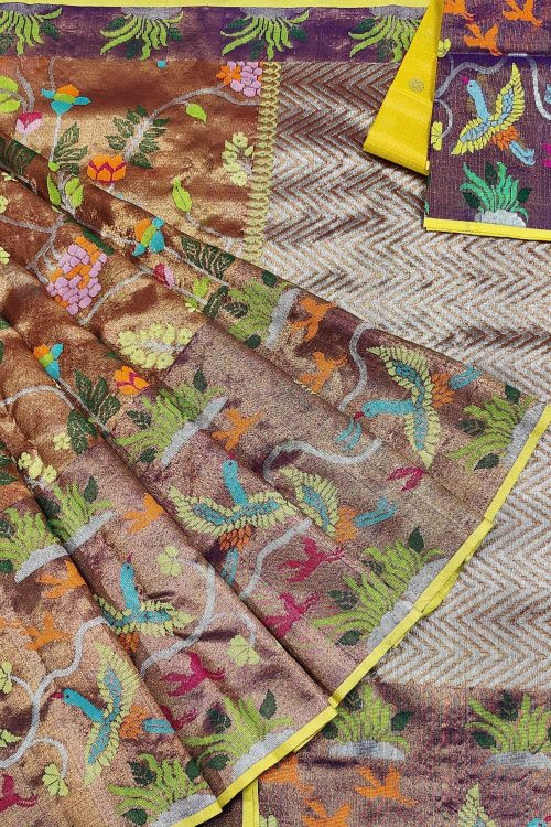 PURE GOLD DUBBLE TISSUE BIG PAITHANI BORDER WITH ALL OVER JAAL ZARIKOTA HANDLOOM SAREE_T-369