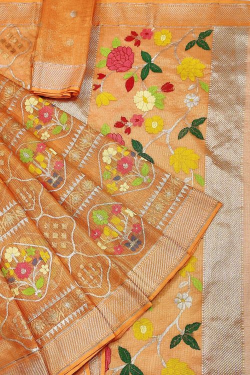 PURE GOLD TISSUE ALL OVER JAAL WITH BOTH SIDE KANCHI BORDER ZARIKOTA HANDLOOM SAREE WITH BLOUSE_T-247